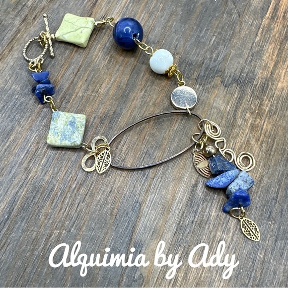 Lapis and yellow turquoise brass rustic beaded handmade bracelet - Picture 1 of 1